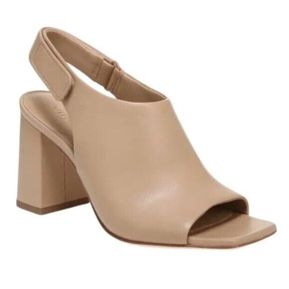 Vince Niara Tan Leather Slingback Block Heel Square Open Toe Sandal Women 9.5M - Picture 1 of 11